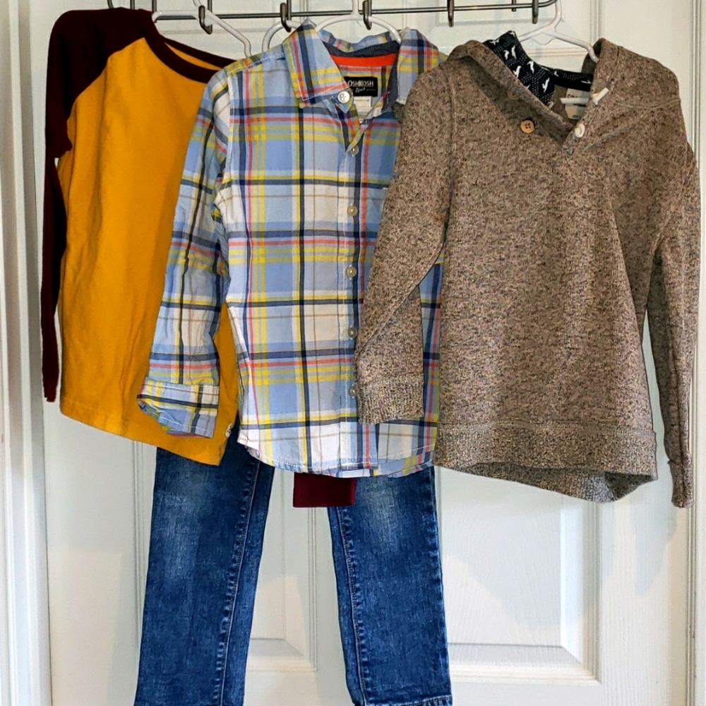 Cute 4 piece boys styled outfit set with jeans and 3 shirts
